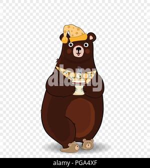 Vector illustration de kawaii cartoon caractère ours en chaussons, dormir chapeau et cravate, holding cup avec boisson chaude sur fond transparent. Illu Illustration de Vecteur