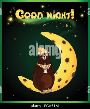 Vector illustration de kawaii cartoon caractère de l'ours dans le coin couchage hat et chaussons, holding cup avec boisson assis sur lune sur fond de ciel de nuit avec Illustration de Vecteur