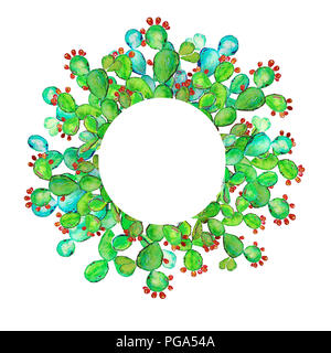 Oponce de l'est avec des fruits mûrs. Forme du cercle bâti avec des cactus. Arrière-plan pour les cartes, des bannières, des images. Aquarelle illustration raster. Dans Opuntia Banque D'Images