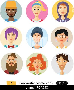 Visages masculins et féminins avatars icônes télévision cool modern style vector set Illustration de Vecteur