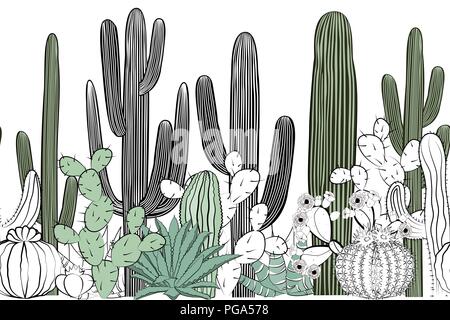 Modèle sans couture avec cactus. Forêt de cactus sauvages avec de l'agave, saguaro, et le figuier de barbarie. Noir, blanc, et vert Illustration de Vecteur