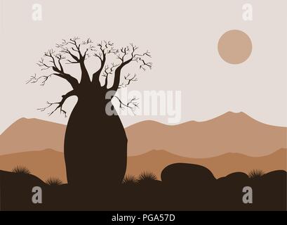 Baobab paysage avec montagnes, arrière-plan. Silhouette de baobab. Lever du soleil africain. Vector illustration Illustration de Vecteur