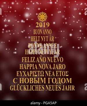 Silhouette de l'arbre de Noël à partir de la nouvelle année salutations dans différentes langues Banque D'Images