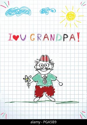 Colorés enfants hand drawn doodle vecteur illustration de grand-père holding flower, soleil, nuages et kids inscription je t'aime papi sur la création de graphiques Illustration de Vecteur