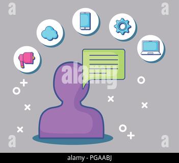 Avtaar et bulle avec les icônes de marketing numérique autour sur fond gris, design coloré. vector illustration Illustration de Vecteur