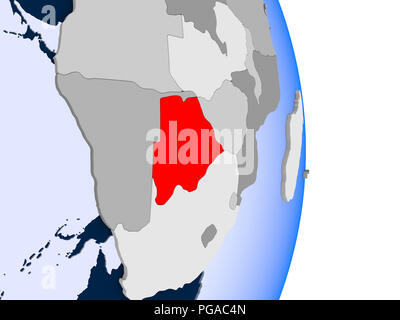 Le Botswana en rouge sur le modèle des partis politiques avec globe transparent des océans. 3D illustration. Banque D'Images