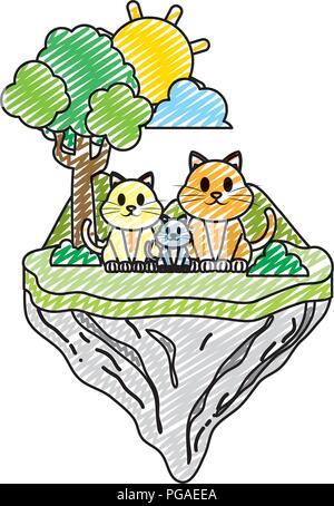 Doodle family cat animal dans l'île flottante Illustration de Vecteur