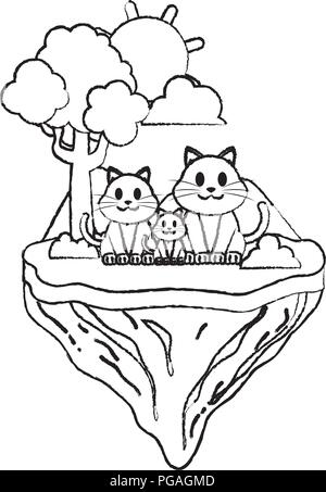 Grunge family cat animal dans l'île flottante Illustration de Vecteur