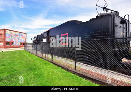 Galesburg, Illinois, USA. Un ancien Chicago, Burlington & Quincy Railroad locomotive à vapeur sur l'affichage à l'Galesburg Railroad Museum. Banque D'Images