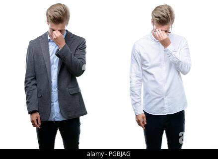 Beau jeune homme d'affaires blonde portant des tenues différentes fatigué se frottant le nez et les yeux sentant la fatigue et les céphalées. Le stress et la frustration concept. Banque D'Images