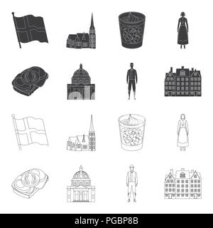 Le Danemark, l'histoire, d'un restaurant et d'autre icône de style du contour noir,.Sandwich, pain, icônes de collection set Illustration de Vecteur