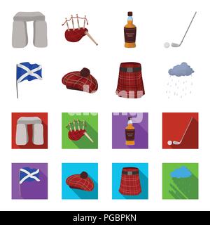 Drapeau, kilt, temps pluvieux, cap.Ecosse pays inscrit dans icônes collection cartoon,style plat symbole vecteur illustration de stock . Illustration de Vecteur