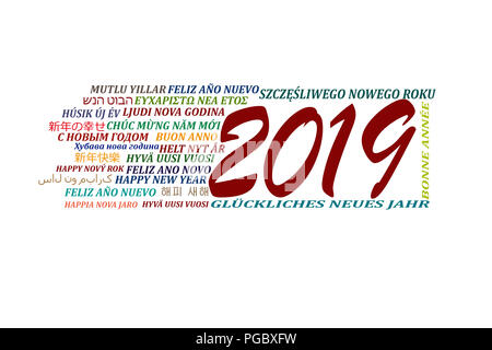 Bonne année 2019 dans différentes langues du monde sur un fond blanc Banque D'Images