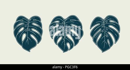 Les feuilles des plantes Monstera ensemble de trois monochromes isolés de l'intérieur moderne poster vector illustration Illustration de Vecteur