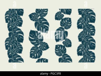 Monstera frontière perméable ensemble diviseur vertical ou collection d'ornement décoratif de répéter en blanc et bleu Illustration de Vecteur