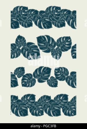 Monstera frontière perméable ensemble diviseur vertical ou collection d'ornement décoratif de répéter en blanc et bleu Illustration de Vecteur