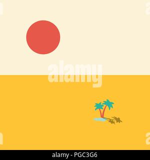 Lac oasis du désert avec deux palmiers au milieu des sables et grand soleil chaud concept vecteur fond d'affiche illustration isolé sur fond blanc Illustration de Vecteur