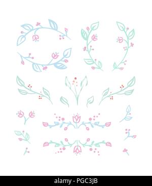 Série de vignettes floral, brindilles, des cadres, des couronnes et des éléments de mariage avec fleurs de tulipe et de baies dans des couleurs pastel bleu, rose et menthe gre Illustration de Vecteur