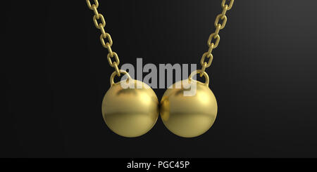 Deux golden wrecking balls swinging sur fond noir. 3d illustration Banque D'Images