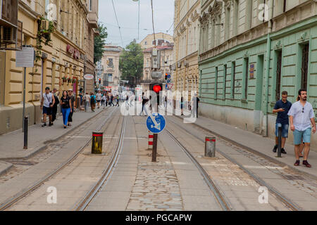 LVIV, UKRAINE - LE 26 JUILLET - Vue sur le tramway dans les rues de Lviv, Ukraine. Banque D'Images