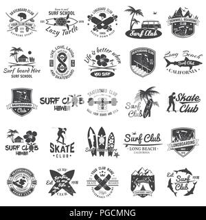 Jeu de skate, longboard et surf club badges. Vector illustration. Pour le surf club de patinage et d'emblèmes, signes et t-shirt design. Typographie vintage design. Sport extrême. Illustration de Vecteur