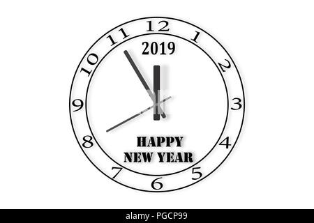 Le cadran de la montre avec le numéro 2019 et les mots bonne année, fond blanc Banque D'Images