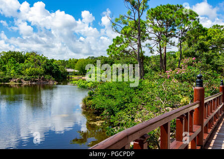 Lac à l'Morikami Jardins Japonais avec pont de bois en premier plan - Delray Beach, Florida, USA Banque D'Images