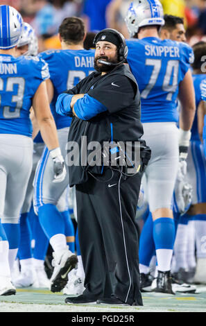 24 août 2018 - Detroit Lions Head coach Matt Patricia dans le jeu entre les Lions de Détroit et les Tampa Bay Buccaneers chez Raymond James Stadium de Tampa, Floride. Del Mecum/CSM Banque D'Images