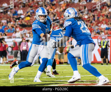 24 août 2018 - Detroit Lions quarterback Matthew Stafford (9) mains la balle à Detroit Lions running back LeGarrette Blount (29) dans le jeu entre les Lions de Détroit et les Tampa Bay Buccaneers chez Raymond James Stadium de Tampa, Floride. Del Mecum/CSM Banque D'Images