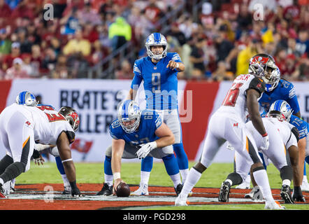 24 août 2018 - Detroit Lions quarterback Matthew Stafford (9) dans le jeu entre les Lions de Détroit et les Tampa Bay Buccaneers chez Raymond James Stadium de Tampa, Floride. Del Mecum/CSM Banque D'Images