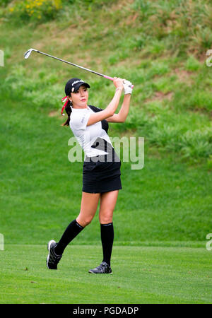 Jeongseon, est de Séoul, Corée du Sud. Août 23, 2018. Shin-Ae Ahn (KOR) Golf : Shin-Ae Ahn, de la Corée du Sud voit son fairway sur le 4e trou lors de la première ronde de haut KLPGA1 Resort Chers Ouvrir dans le haut 20181 Country Club à Jeongseon, est de Séoul, Corée du Sud . Credit : Lee Jae-Won/AFLO/Alamy Live News Banque D'Images