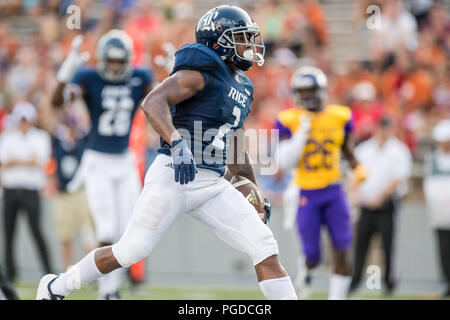 Houston, USA. 25 août 2018. Les hiboux de riz d'utiliser de nouveau Austin Walter (2) exécute pour un touché au cours du 1er trimestre d'un NCAA football match entre la Prairie View A & M Panthers et les hiboux du Riz Riz au Stadium de Houston, TX. Le riz a gagné le match 31 à 28.Trask Smith/CSM Crédit : Cal Sport Media/Alamy Live News Banque D'Images