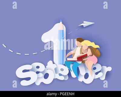 Retour à l'école 1 septembre carte avec boy and girl reading book et assis sur les nuages. Vector illustration. Coupe papier et de l'artisanat traditionnel. Illustration de Vecteur