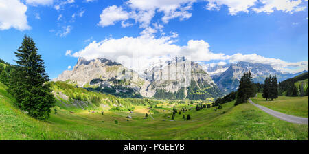 Vue de la première à Grindelwald et le Wetterhorn et fille de montagnes dans la région de la Jungfrau, Alpes de l'Oberland Bernois, Suisse Banque D'Images