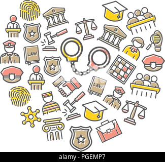 La criminalité, le droit, vecteur de la police et de la justice en ligne mince icônes en forme de coeur concept design. L'illustration pour des présentations sur fond blanc Illustration de Vecteur