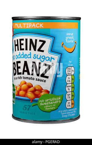 Une boîte de conserve sans sucre ajouté Heinz baked beans cafe du clocher isolé sur fond blanc Banque D'Images