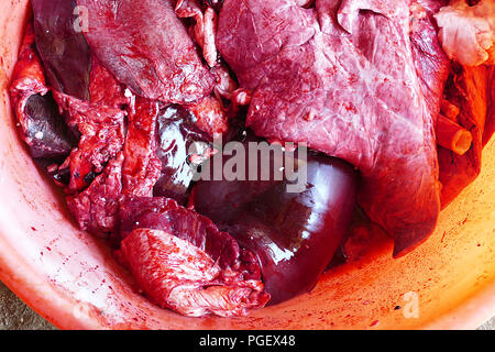 Les abats de bovins dans un récipient, les poumons et le foie, abats de vache dans un récipient, vache coeur, Banque D'Images