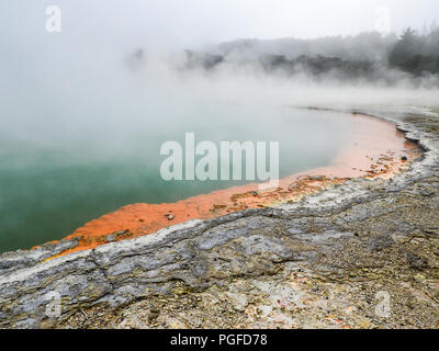 Champagne Pool, Wai-O-Tapu Thermal Wonderland, Nouvelle-Zélande. Brumes tourbillonnantes pendre sur le vert et l'orange du lac géothermique avec rocky avant-plan Banque D'Images