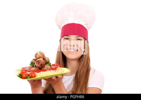 Happy girl cook avec spaghetti et boulettes de viande Banque D'Images