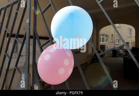 Neu-Ulm, Allemagne. Août 26, 2018. Deux ballons accrocher à une barrière métallique à une cour. Dans la chambre, vit la famille de Mesale Tolu. Le journaliste Tolu, qui vient de l'Ulm, a été arrêté en Turquie, sur des accusations de terrorisme. Credit : Stefan Udry/dpa/Alamy Live News Banque D'Images