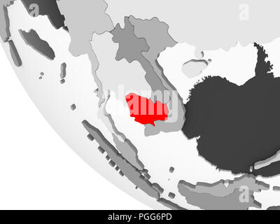 Le Cambodge en rouge sur gris simple globe politique visible avec frontières du pays et transparent des océans. 3D illustration. Banque D'Images