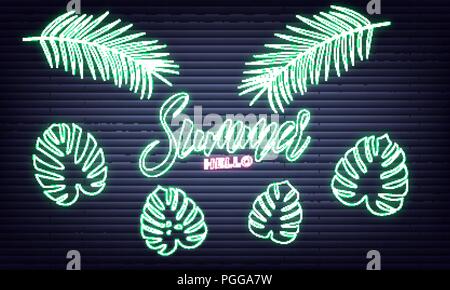 Neon d'été ensemble. Lettrage et d'été feuilles d'tropical lumineux néon Illustration de Vecteur