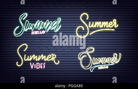 Lettrage néon d'été. Ensemble d'été lumineux néon lettrage script calligraphie set Illustration de Vecteur