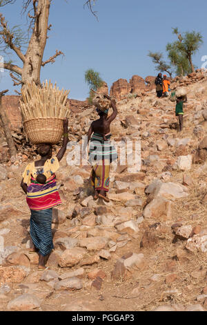 Les femmes africaines carryng des bébés sur le dos raide ascension d'un sentier en pierre réunissant le millet et d'autres produits de leur village en pays Dogon, au Mali Banque D'Images