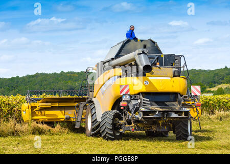 L'inspection de la trémie de stockage des agriculteurs New Holland CR9080 combine harvester - France. Banque D'Images