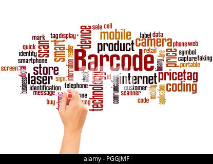 Nuage de mots de code à barres et la main concept sur fond blanc. Banque D'Images