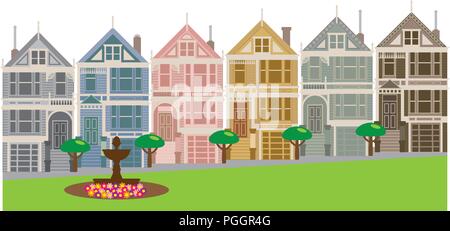 Belles Dames rangées de maisons victoriennes et édouardiennes par Alamo Square à San Francisco Californie illustration couleur Illustration de Vecteur