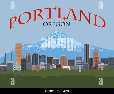 Portland Oregon City downtown skyline avec illustration en couleur la Mount Hood Illustration de Vecteur