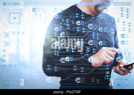 Blockchain technologie concept avec schéma d'une chaîne et de blocs chiffrés.Designer la main à l'aide de smart phone pour les paiements mobiles,vente en ligne omni chan Banque D'Images