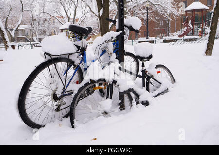 Première neige est tombée sur tout pendant la nuit. Deux vélos sont couverts de neige dans un parc public. Banque D'Images